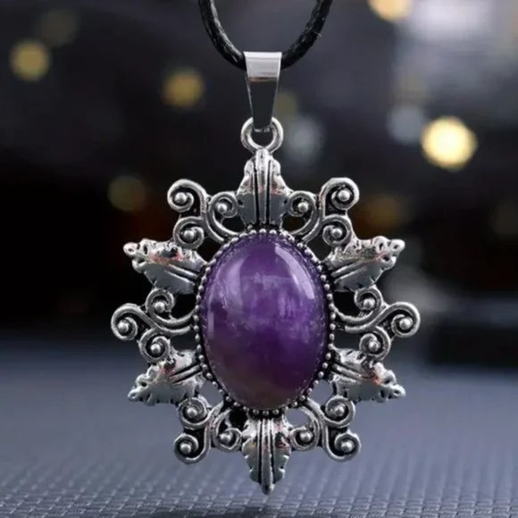 Amethyst Natural Stone Sunflower Pendant Hollow Pattern Gemstone Necklace - Picture 1 of 2